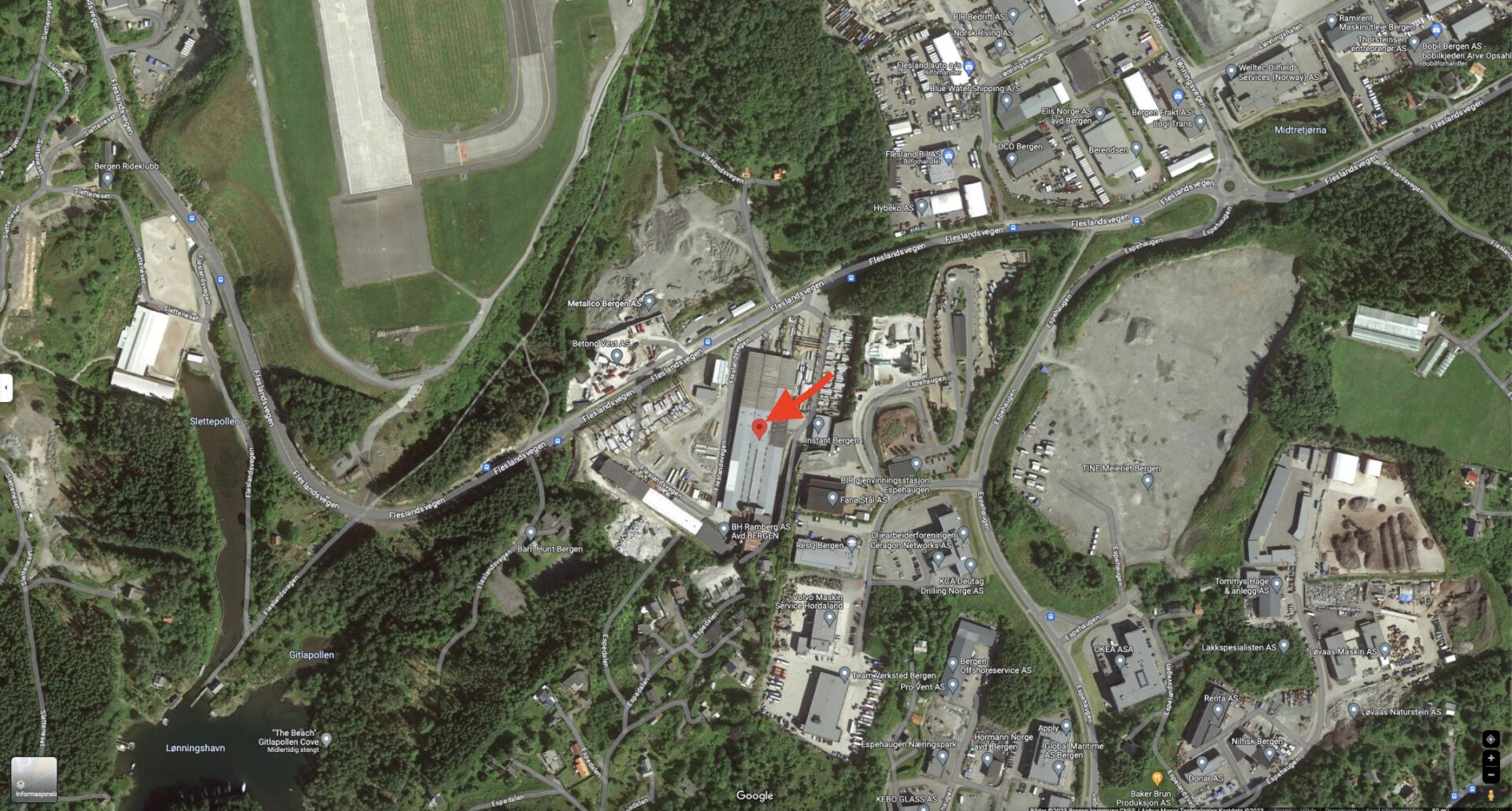 An image showing a map with a red arrow identifying an address in Bergen, Norway