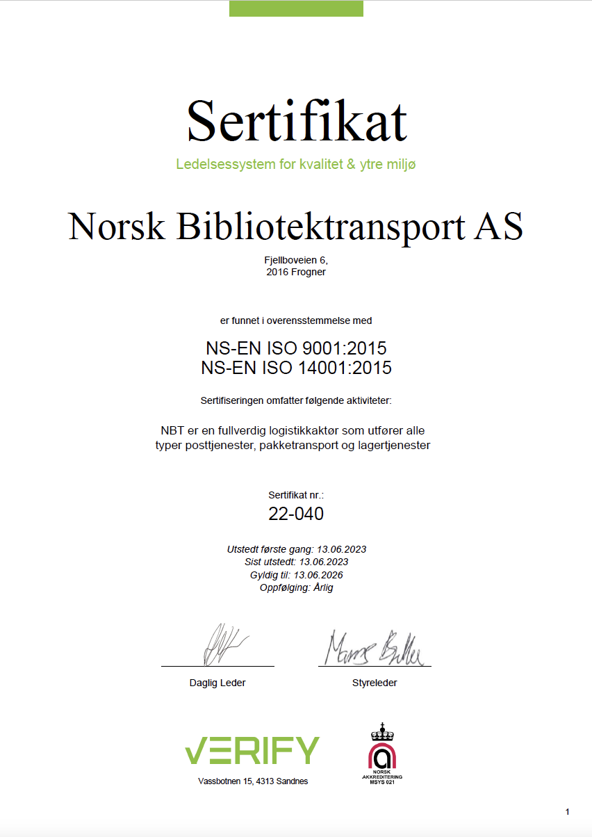 ISO sertifisert pakketransport. bildet viser ISO sertifikat for NBT - Norsk Bibliotektransport